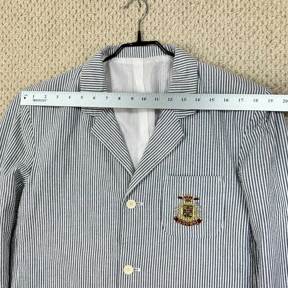 Vtg Toppe Sportscoat Mens L Blue/White Seersucker Jacket Blazer Embroider Crest